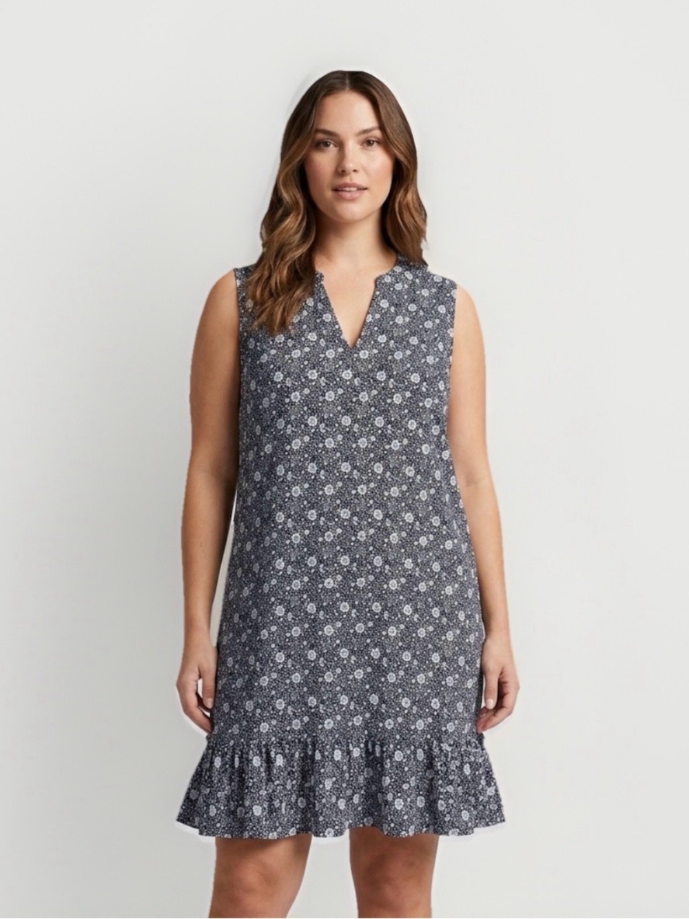 Michael Kors Dress 3X Plus Blue White Floral Sleeveless Button Ruffle Midi Casua